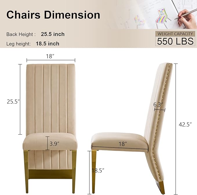 AUZ Dining Chairs with Nail Head Trim, Modern Velvet Upholstered Dining Room Chairs in Lovely Color with Polished Gold Stainless Steel Legs, Set of 8