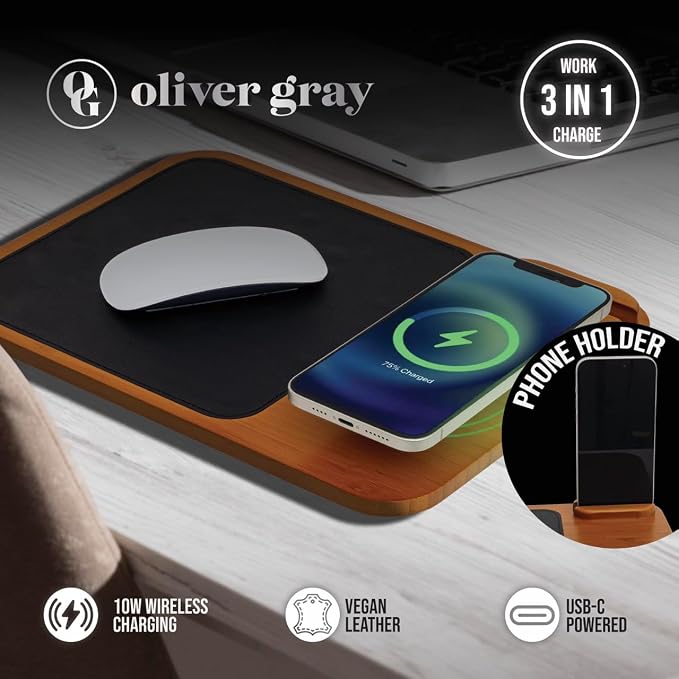 Oliver Gray Mousepad with Wireless Charger - 3-in-1 Wooden Wireless Charging Station &amp Phone Holder Premium Vegan Leather Desk Charger Mat for iPhone Android