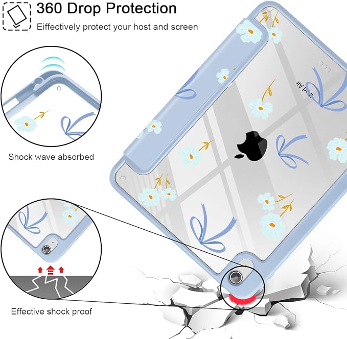 Mektron Case for 2026 iPad Air 11 inch M4 8th (M3 2025 7th /M2 2024 6th) Compatible with iPad Air 10.9 (2022 5th Gen /2020 4th Gen) Shockproof Clear Shell Blue Bows &amp Flowers