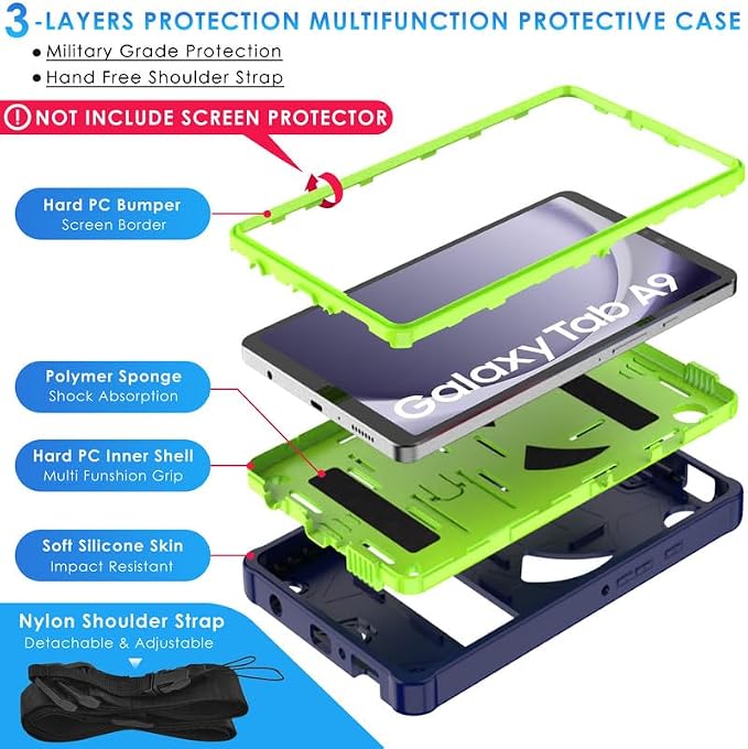DETUOSI Case for Samsung Galaxy Tab A9 8.7 2023 Tablet (SM-X110/X115/X117) with Shoulder Strap3-Layers Hybrid Heavy Duty Full-Body Shockproof4-Angles Viewing Protective Cover