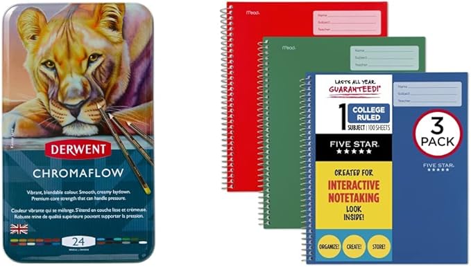 Bundle of Derwent Chromaflow Colored Pencils Tin, Set of 24, 4mm Wide Core, (2305857) + Five Star Interactive Notetaking Spiral Notebooks, 3 Pack, 1-Subject, College Ruled Paper (820195-ECM)