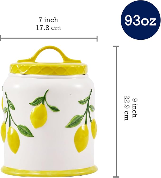 Bico Lemon Handpainted 9 inch Stoneware Cookie Jar, Dishwasher Safe, Air Tight Seal for Keeping Cookie, Spices, Coffee