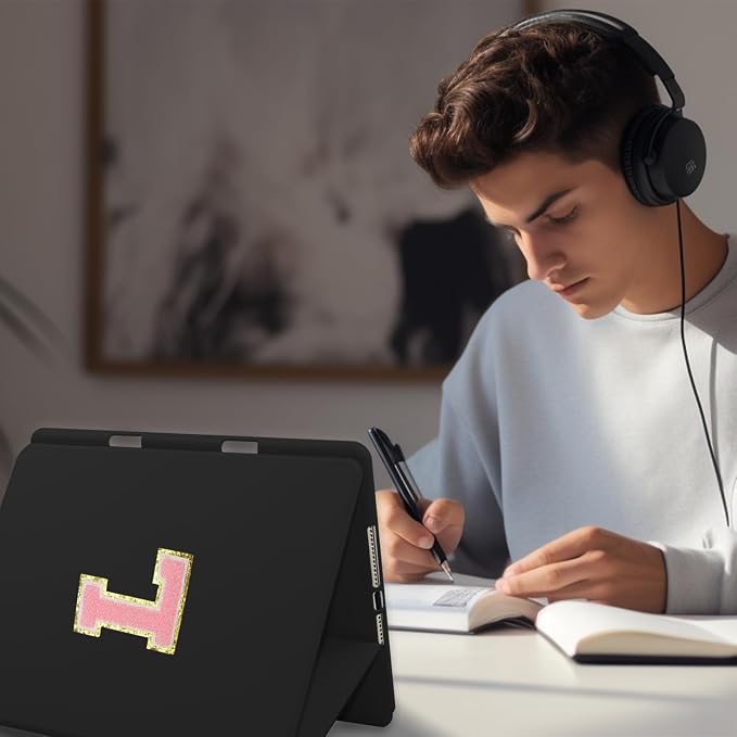 for iPad 9th Generation 10.2 Inch 2021/2020/2019 Case Initial Chenille Letter Suture Personalized for iPad 9th/8th/7th Generation Case with Auto Sleep/Wake Pencil Holder (Black A)