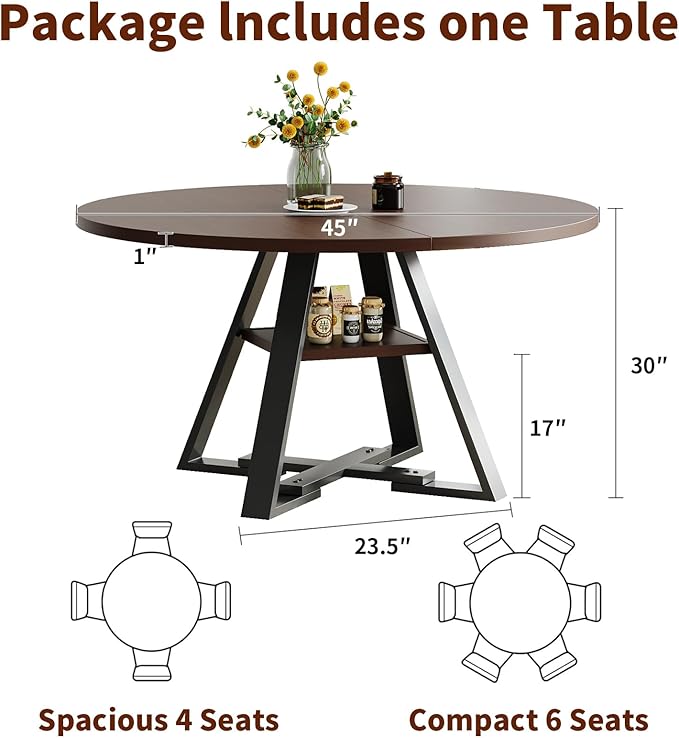 45.3" Walnut Round Dining Table Set with 2 Chairs – Mid-Century Modern Small-Space Kitchen & Dining Room Furniture for Apartment or Breakfast Nook (Walnut – Storage Table + 2 Black Chairs)