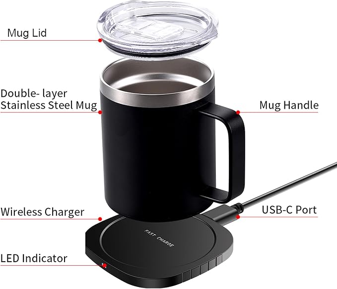 Fdit Wireless Charger 2 in 1 with 55C 131F Intelligent Constant Temperature 10.5oz Stainless Steel Cup and Lid for Desk Home Office (Black)