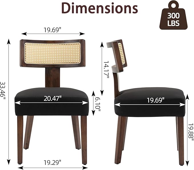 Upholstered Rattan Dining Chairs Set of 2, Mid-Century Modern Fabric Dining Room Chairs with Brown Hardwood Frame, Curved Backrest Kitchen Armless Accent Chairs for Living Room (Black)