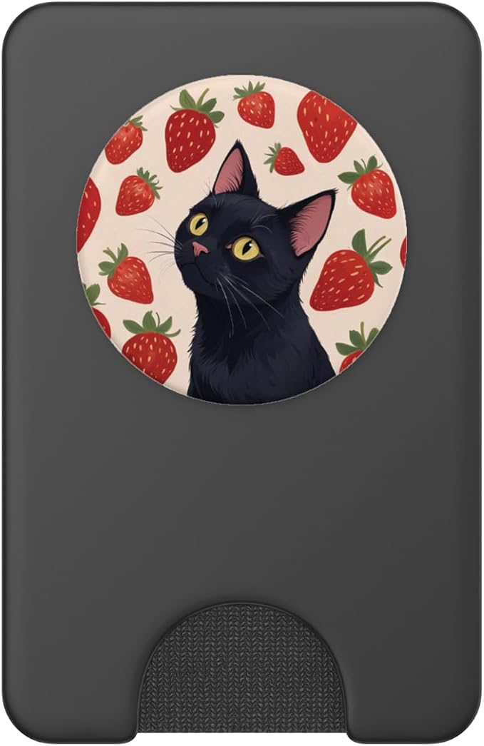 Beige Red Strawberry Black Cat Illustration Print PopSockets PopGrip for MagSafe