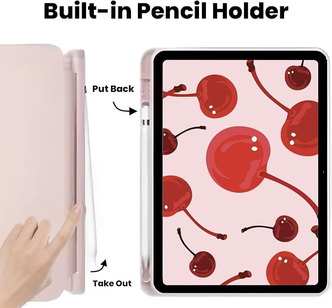 iPad Pink Case for iPad Pro Generation 11Inch 2018/2020/2021/2022 with Pencil Holder-[Auto Wake/Sleep] Trifold Stand Soft TPU Protective Cover Cute Cherry Bow