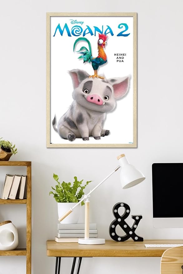 Disney Moana 2 - Heihei and Pua Feature Series Wall Poster, 34L" x 22.4W", Blonde Framed Version