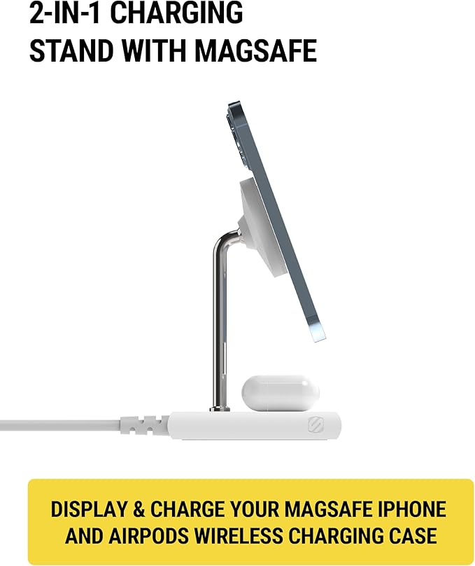 Scosche BL2MSiQWT-AP BaseLynx™ 2.0 2-in-1 Modular Charging Station with MagSafe, 15W Fast Wireless Charging Phone Stand Compatible w/Apple iPhone 15/14/13/12 Series, 5W Charger Pad for AirPods, White