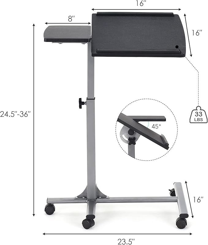 COSTWAY Rolling Laptop Stand, Mobile Laptop Tray and Cart with 45 ° Degree Swivel Tilting Tabletop, Height Adjustable Mobile Podium from 24.5'' to 36'', Overbed Computer Table for Sofa, Bed