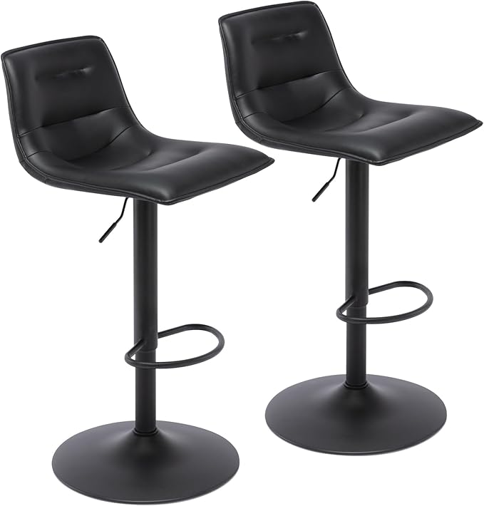 Brage Living Adjustable Bar Stools Set of 2, Modern PU Leather Swivel Counter Height Barstools with Back, Armless Airlift Curved Bar Chairs for Kitchen Dining Cafe (Black, Black Base)