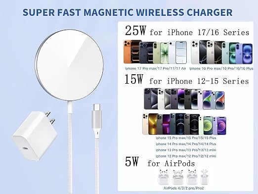 Magnetic Wireless Charger for iPhone 17 16 15 10FT Fast Phone Charging Pad | with USB C Wall Charger Fast Block For iPhone 17 Pro Max/17/iPhone 16 Pro Max/15/Plus/Pro/14/13/12 SeriesAirPods 4/3/2/Pr