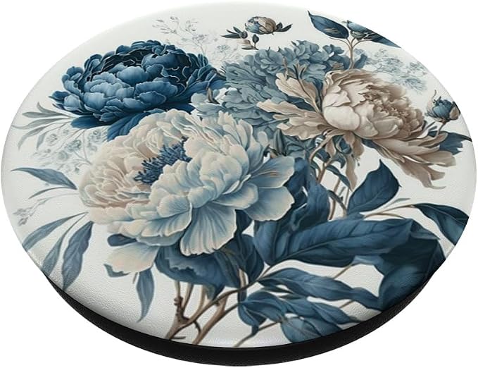 Navy Blue Peonies Blossom Leaves White Flowers Floral Girly PopSockets Adhesive PopGrip