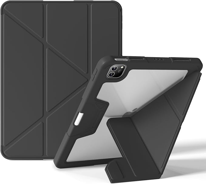 Case for iPad Pro 11 inch (4th/3rd/2nd Generation) 2022/2021/2020 | Y-Stand Shockproof Protective Cover with Pencil Holder Multi-Angle Stand Clear Hard Back (Black)