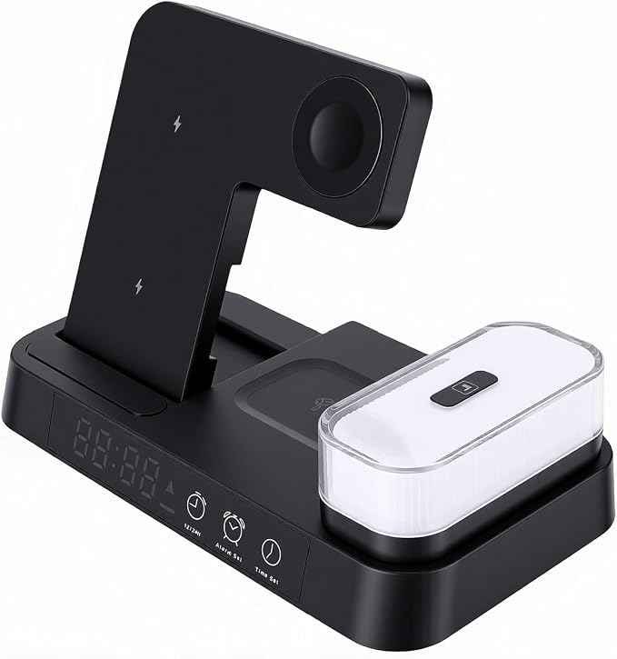 EBTOOLS 4 in 1 Magnetic Charging Station Wireless Charger Stand with LED Display Digital Clock Alarm RGB Night Light for Smartphones Watch Earbuds (Black)