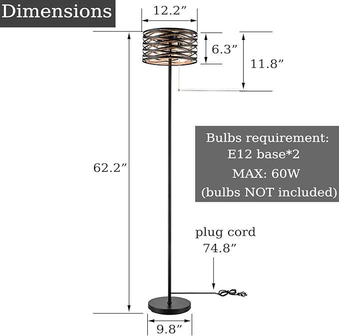 Farmhouse Black 2-Light Floor Lamp Metal Structure Wood Grain Shade with Pull Chain Switch, Perfect for Living Room, Bedroom, Reading Room