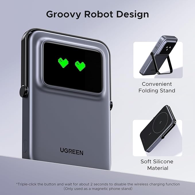 UGREEN Uno Magnetic Power Bank, Wireless Portable Charger, 20W Fast Charging Battery Pack with Foldable Stand and TFT Display 5000mAh for iPhone 17/17 Air/17 Pro/17 Pro Max/16/15/14/13 Series, Black