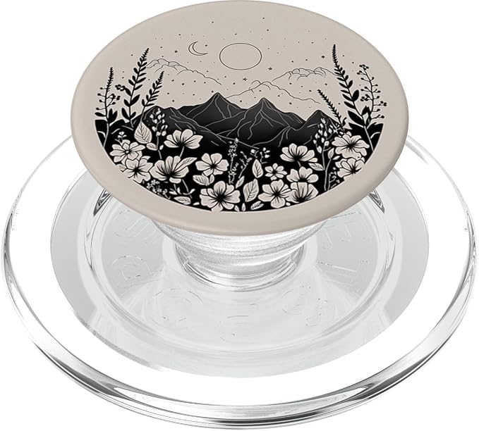 Boho Chic Floral Forest Nature Mountain Moon Sun Monochrome PopSockets Adhesive PopGrip
