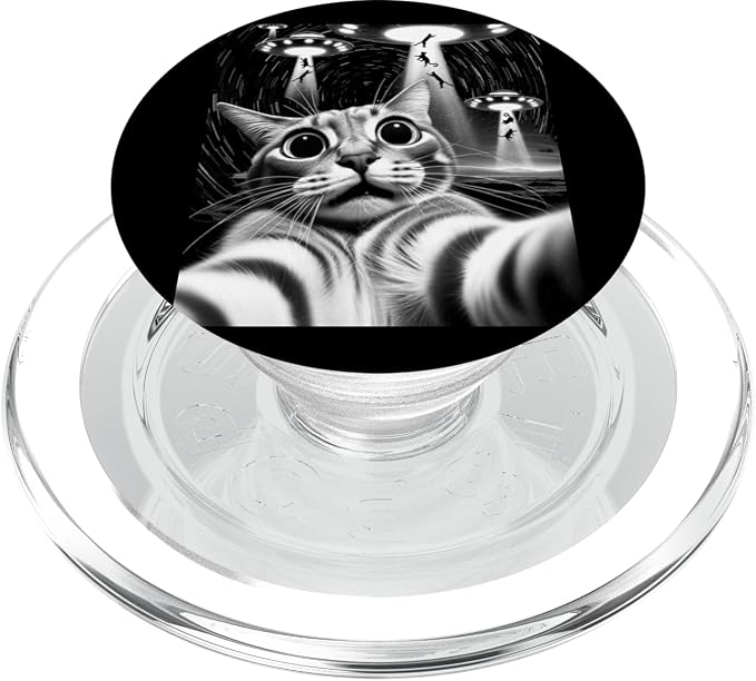 Cat UFO Invasion | Funny Cat Meme Retro Alien Cat UFO Selfie PopSockets Adhesive PopGrip