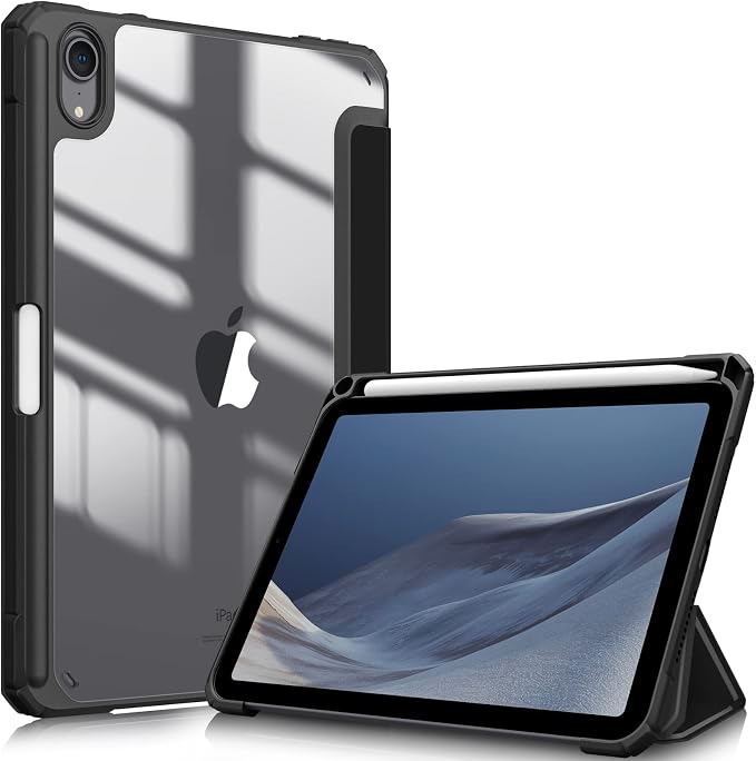 Fintie Clear Case for iPad mini 7th Generation (A17 Pro) / mini 6 8.3 | Slim Hybrid Shockproof Hard PC Back Cover Pencil Holder Viewing &amp Typing Angles Auto Sleep/Wake Black