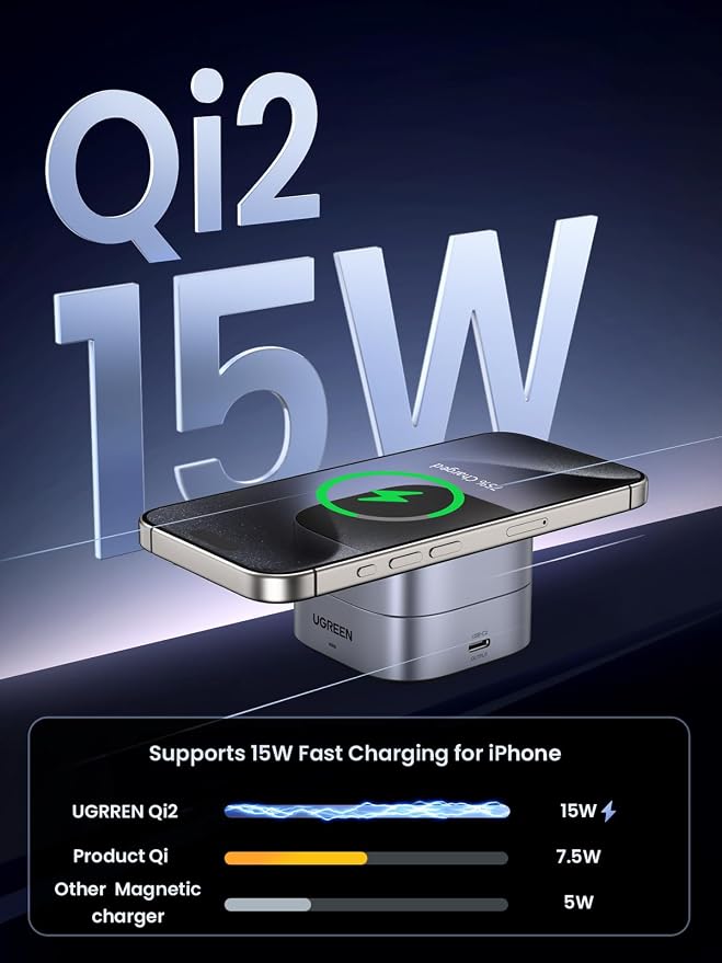 UGREEN MagFlow Qi2 15W 2-in-1 Foldable Wireless Charging Station | Foldable Travel Design Adjustable Viewing Wireless Charger for iPhone 12-17 Series and AirPods Adapter Not Included