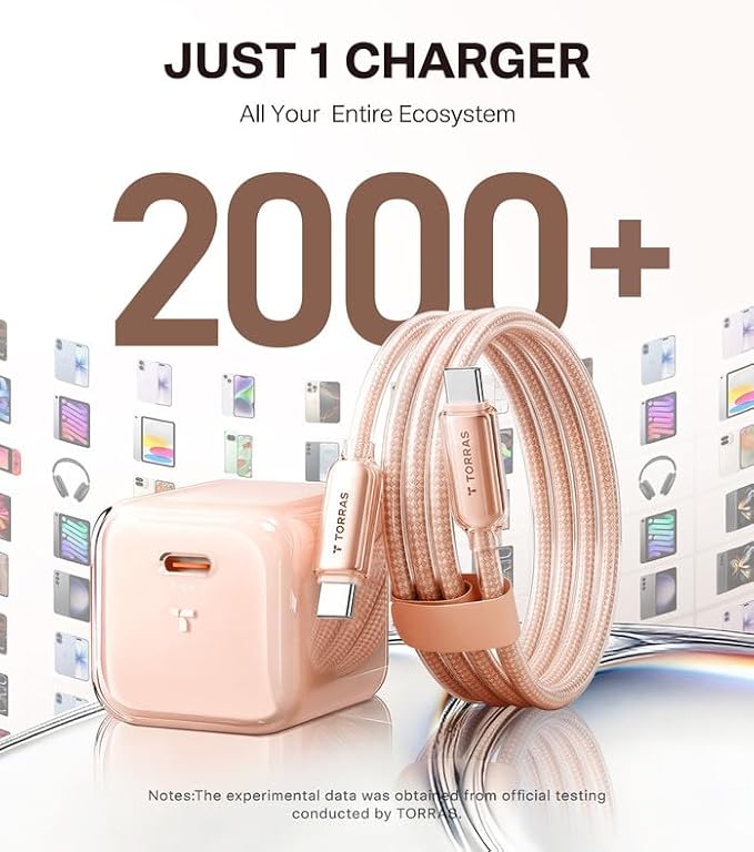 TORRAS IceNano 30W USB C Wall Charger Ultra Mini Foldable Fast Charger Block with Cooling Tech Compact Travel Wall Charger for iPhone 17/16/15 Samsung iPad Desert Gold (5.6ft Cable Included)