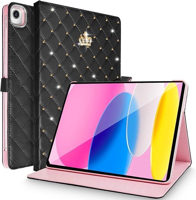 for iPad 10.2 Case 9th/8th/7th Generation (2021/2020/2019) Crown Bling Diamond Cute Elegant PU Leather Smart Auto Sleep/Wake Stand Shockproof Protective Case for Apple iPad 10.2 inch (Black)
