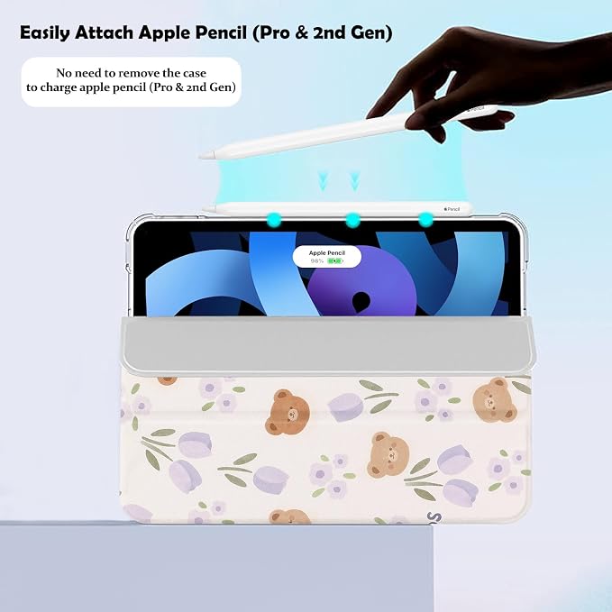 Lovmooful for iPad 9/8/7 Gen Case with Pencil Holder Cute-Bear Flower | Fit for iPad 9/8/7 (10.2-Inch2021/2020/2019 Model9th/8th/7th Generation)Soft TPUTrifold StandProtectiveGirly