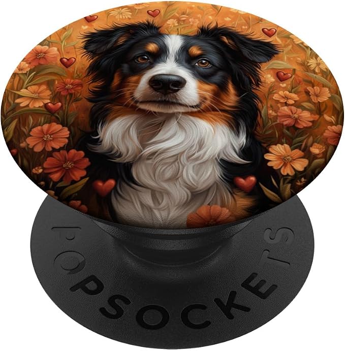 Australian Shepherd Dog Flowers With Hearts Around Graphic PopSockets Standard PopGrip