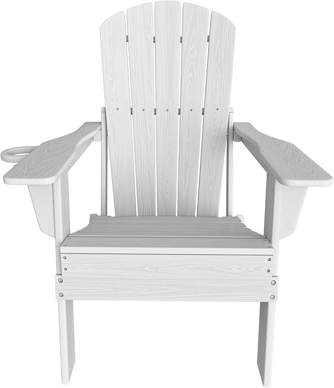 Plawdlik Folding Adirondack Chair, SGS Tested, Wooden Textured with Cup Holder, Heavy All-Weather HDPE Comfortable Set Poolside Backyard Lawn White Set 2