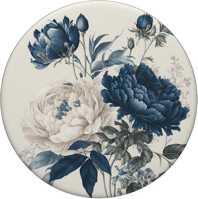 Navy Blue Peonies Blossom Leaves White Flowers Floral Girly PopSockets Adhesive PopGrip