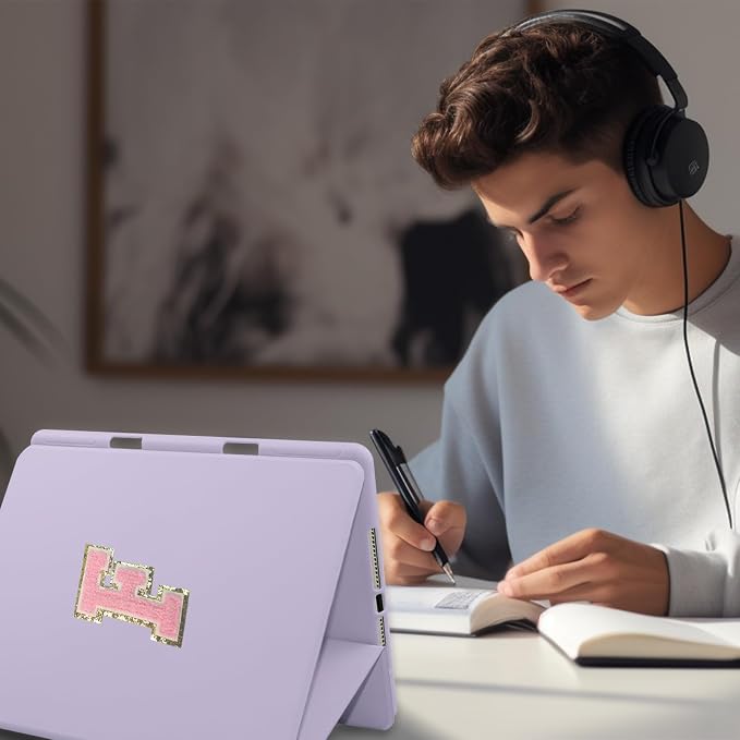 for iPad 9th Generation 10.2 Inch 2021/2020/2019 Case Initial Chenille Letter Suture Personalized for iPad 9th/8th/7th Generation Case with Auto Sleep/Wake Pencil Holder (Black A)