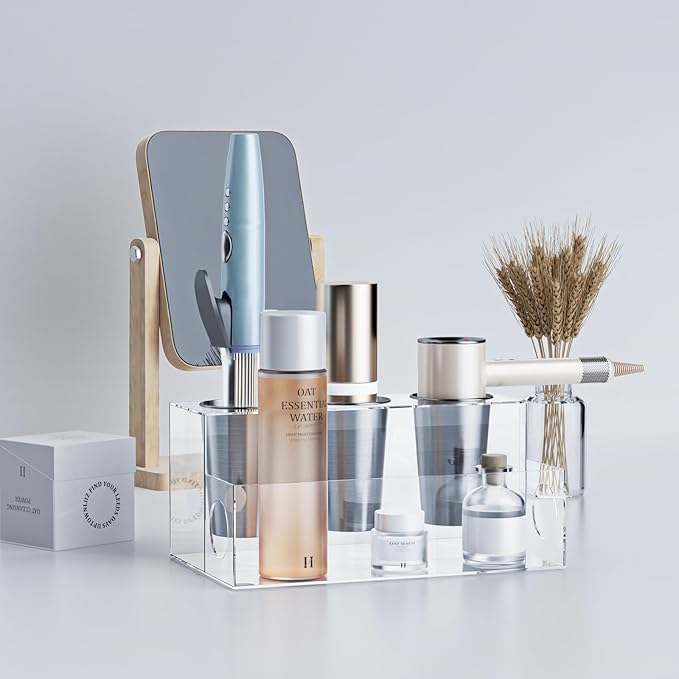Clear Hair Tool Organizer, Blow Dryer Holder, Acrylic Bathroom Supplies Countertop and Vanity Caddy Storage for Accessories, Makeup, Toiletries