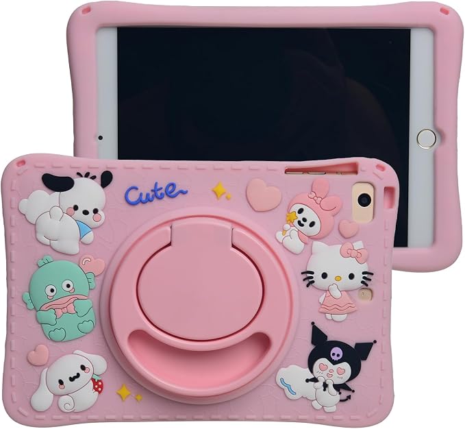 Cartoon Case for iPad mini 1/2/3/4/5 7.9，MONEHOYSY Cute Soft Silicone Kickstand [Drop ProofShock ProofAnti Slip] Back Stand Cover Case for Kids Children Teens Girls Boys (Kitty-1)