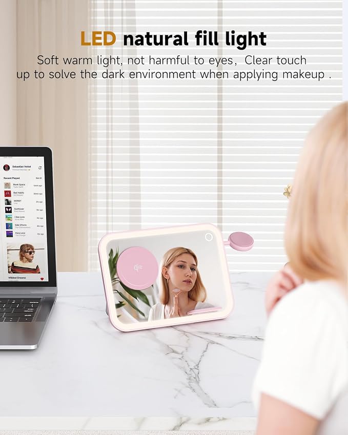 Tron 3 in 1 Qi Wireless Charger Mirror Pink Include led 6 ft Led Cable and 25w Power Adapter. Pink Color