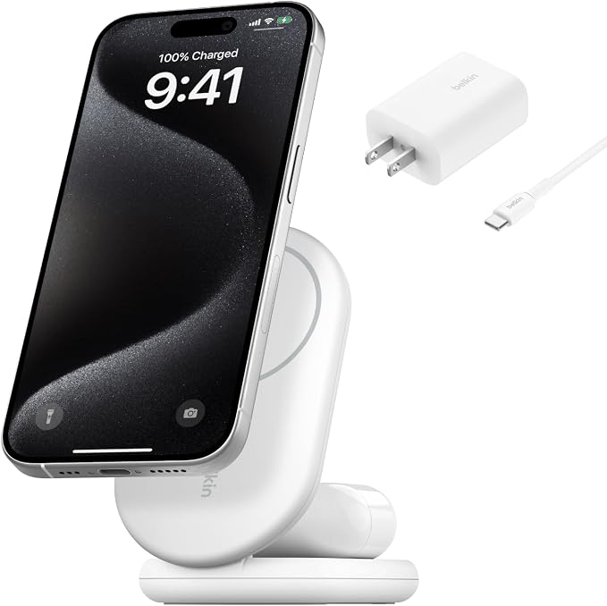 Belkin Qi2 15W Magnetic Wireless Charger 2 in 1 Foldable Non-Slip | MagSafe compatible iPhone 16 Apple Watch Samsung Galaxy S25 compatible power adapter included