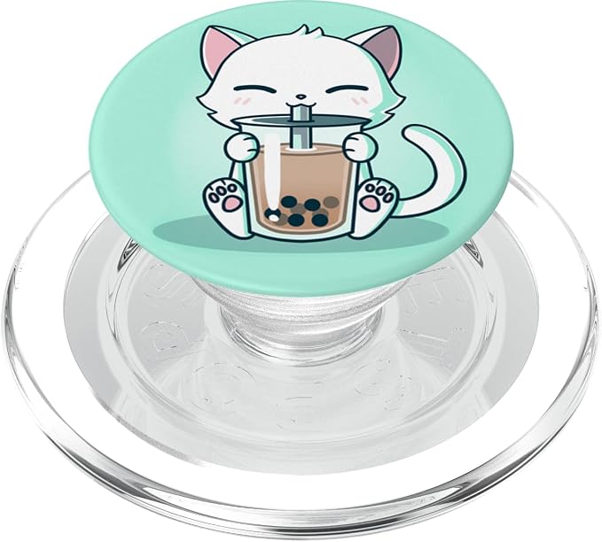 Cute Boba Kit Tea Cat Enjoying Tea Pet Kitty Lover Green PopSockets PopGrip: Swappable Grip for Phones &amp Tablets