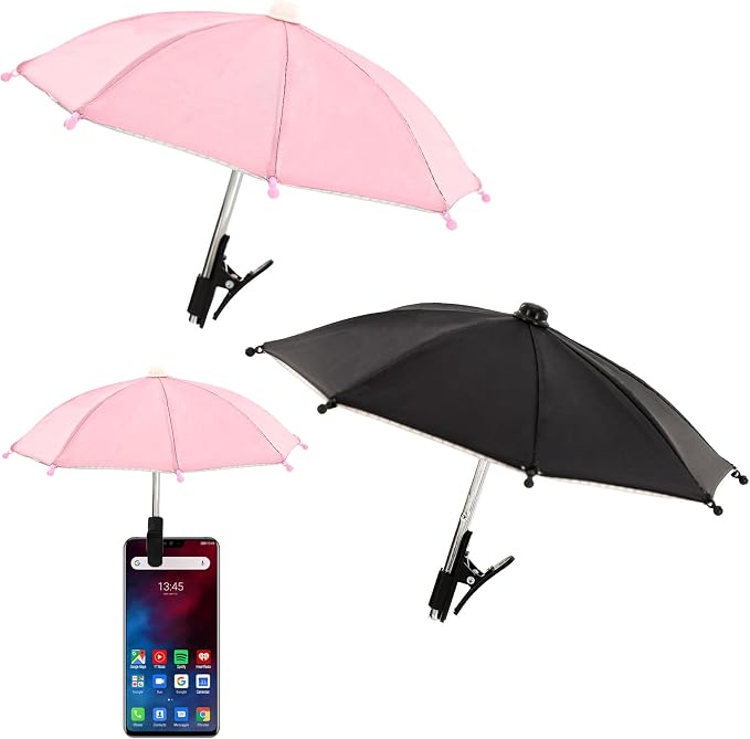 2 PCS Phone Umbrella for Sun Mini Umbrella for Phone with Clip Bracket Used to Shade The Device and Prevent Dizziness Suitable for Beach Pool Outdoor (Black + Pink)
