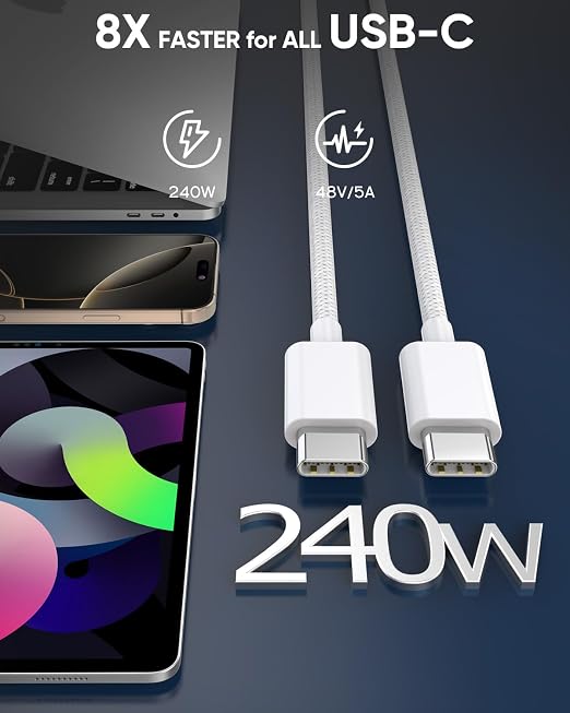USB C to USB C 240W USB C Cable 2-Pack 10ft C to C Cable Fast Charging for MacBook Pro/MacBook Air iPad Pro/iPad Air iPhone 16 15 Pro Max Plus Samsung GalaxyCompatible 140W/100W/65W/45W/35W/20W