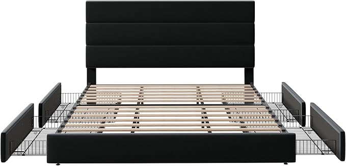 Allewie Modern King Size Platform Bed Frame with 4 Storage Drawers and Velvet Upholstered Headboard, Wooden Slats Support, Upholstered Mattress Foundation/No Box Spring Needed/Easy Assembly, Black