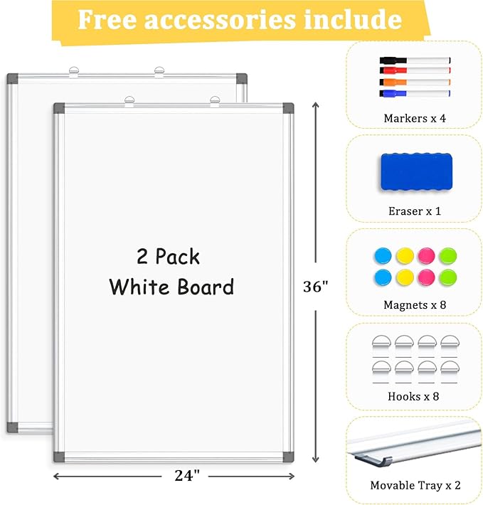 2 Pack Double-Sided Magnetic Whiteboard, 36" x 24" Dry Erase Board, Aluminum Frame White Board for Wall, Hanging Mounting White Board Dry Erase Marker Board for Office, School, Home