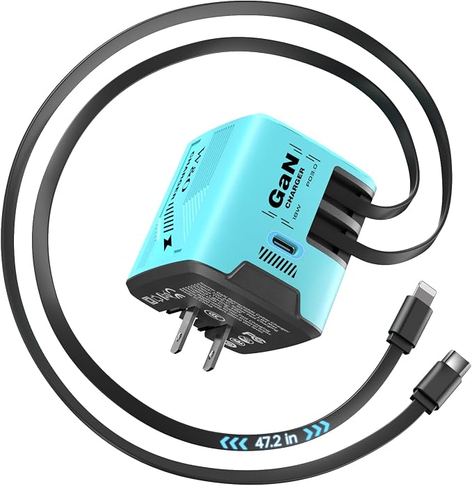 W &amp O 60W GaN Fast Charger Wall Plug Built-in Retractable USB-C &amp L Cables | Retractable Wall Charger with 47.2 Cables One Pull Charging No Cable Mess Solution for iPhone 17/16/15 Galaxy