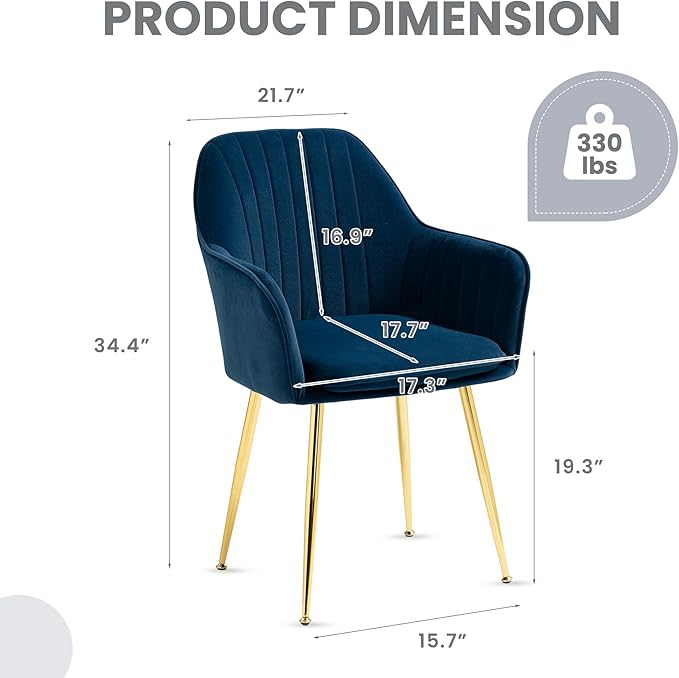 ECOTOUGE Matte Velvet Dining Chairs Set of 2, Modern Arm Chair with Golden Metal Legs, Living Room Accent Chairs for Kitchen, Blue