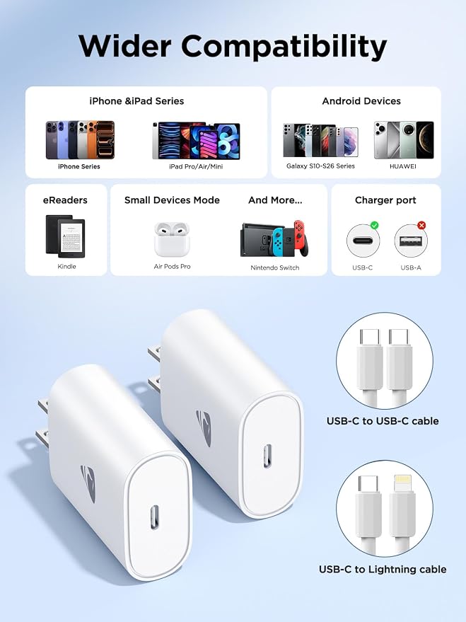 Aioneus USB-C Charger Block (20W PD) + USB-A to USB-C Cable – Combo Savings | Note: Interfaces Do NOT Match Directly – Buy Together &amp Save