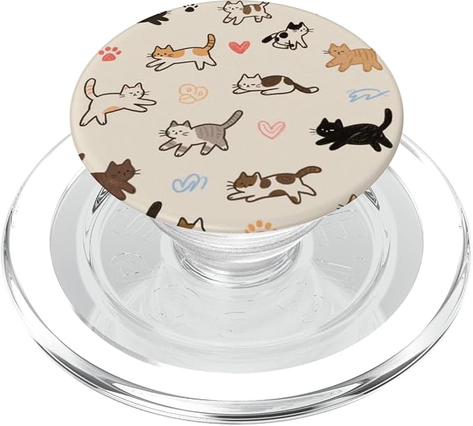 Beige Cute Cat Lover Pattern PopSockets PopGrip for MagSafe