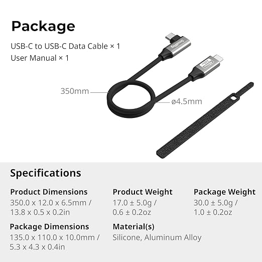 SMALLRIG USB4 40Gbps USB-C Cable 240W PD 3.1 Fast Charging 8K@60Hz Video 100cm/39.4in Straight to Angled Connectors with Cable Tie for MacBook Pro for iPad Pro for iPhone 17/16/15 Series - 5732