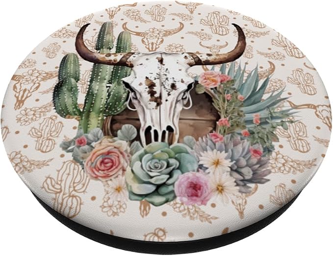 Western Boho Chic Longhorn Bull Skull Cactus Beige Pattern PopSockets Adhesive PopGrip