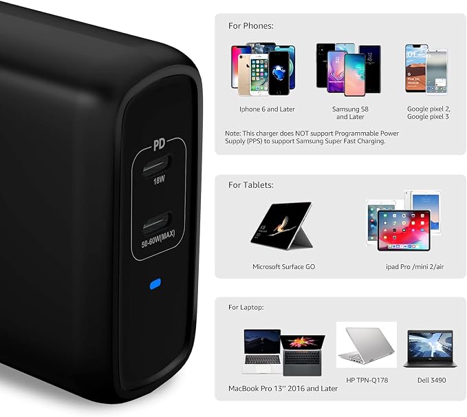 Amazon Basics 68W Two-Port GaN Wall Charger with 1 USB-C (60W) &amp 1 USB-A Ports (18W) with PD for Laptops Tablets &amp Phones (iPhone 16/15/14/13/12/11/X iPad MacPro Samsung More) Non-PPS B