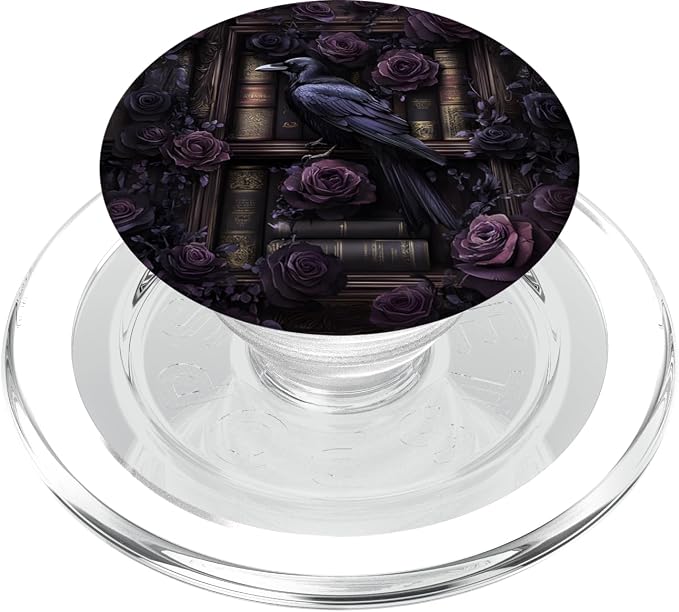 Dark Gothic Bookshelf with Raven and Moody Purple Roses PopSockets Adhesive PopGrip